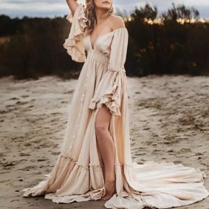 Maternity Deep V-neck Buttons Long Sleeve Ruffled Photoshoot Dress